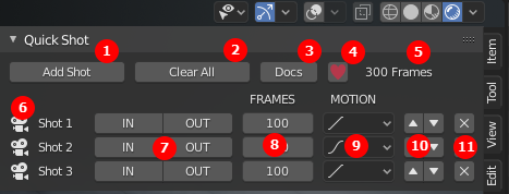 Камеры представлены списком в панели дополнения, здесь же находятся все основные параметры касающиеся их анимации. Источник