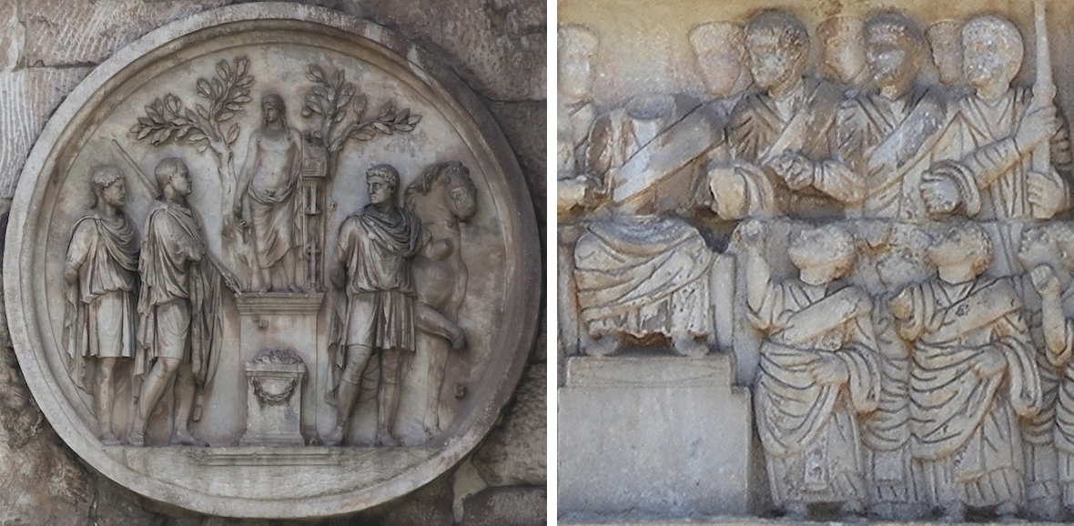 Барельеф 117 — 138 годов, когда Римская империя стабильно держала позиции. Барельеф периода поздней античности, 312 — 315 гг. отличается непропорциональными фигурами и грубой, схематичной текстурой
