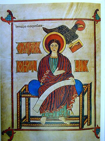 Иллюстрация к Евангелие из Линдисфарна, примерно 635 год, отличается от работ Римской Империи плоскостью форм, стилизацией и отсутствием перспективы
