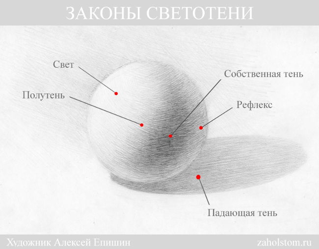 Законы светотени на примере шара. Источник: zaholstom.ru